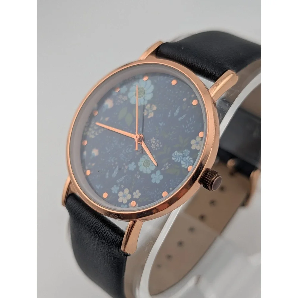 Women's‎ Floral Dial Watch 36mm Rose Gold Case Black Faux Leather Band- Working